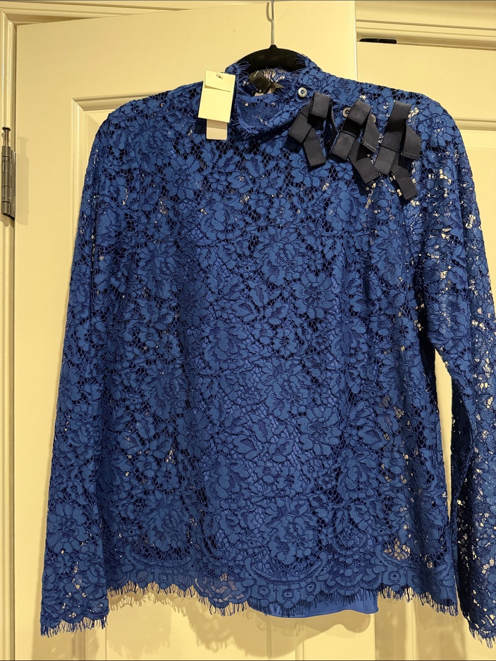 J. Crew Royal Blue Lace Long-Sleeve Top with Shoulder Bows